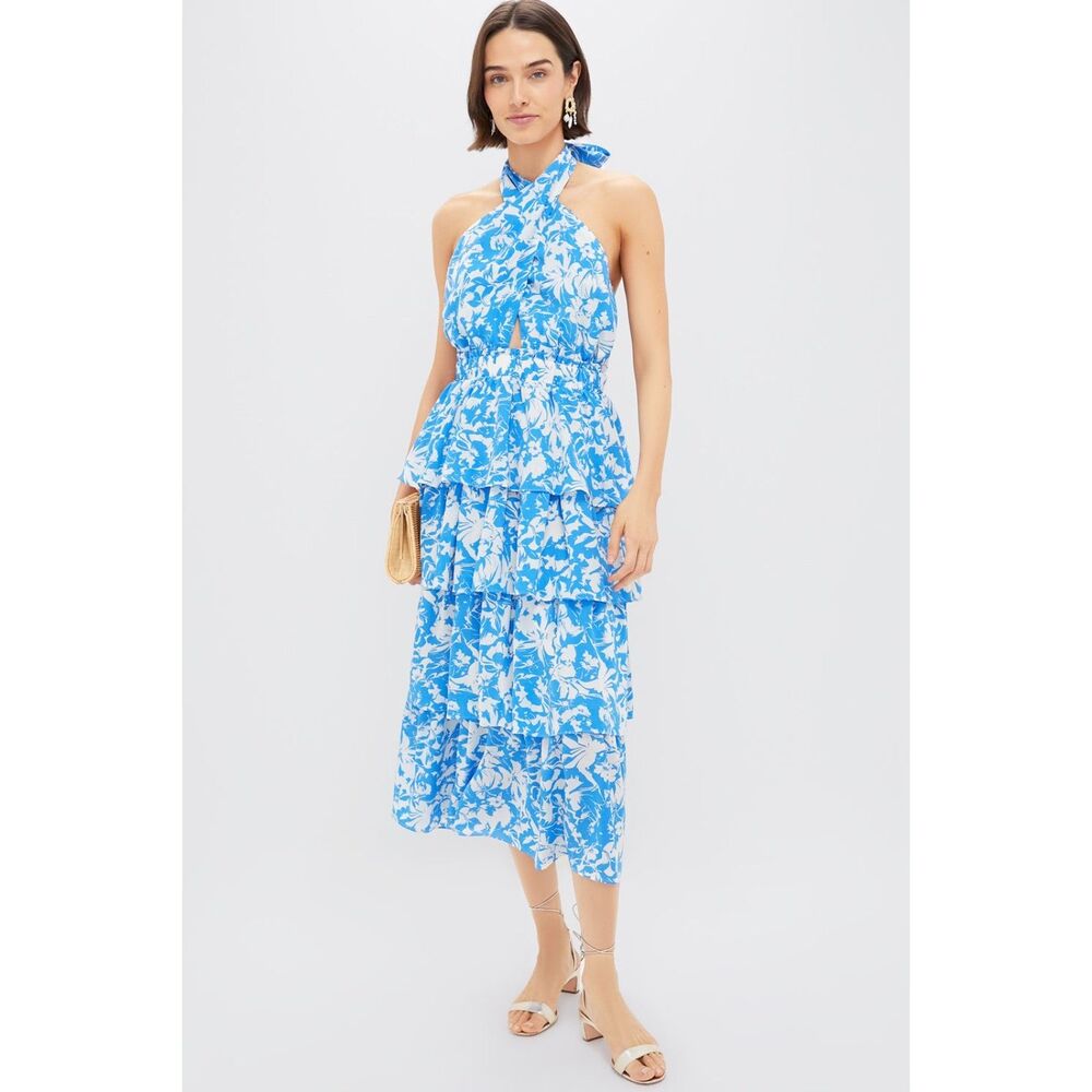 NWT Hyacinth House Blue Floral Halter Tiered Midi Dress Size Small